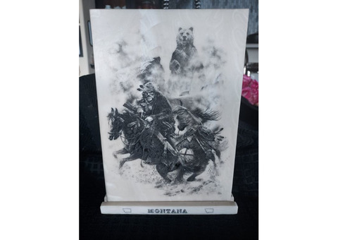 MONTANA MEMORABILIA: Bill O'Neill Etched Marble Art ORIGINAL “Trapper-Grizzly”