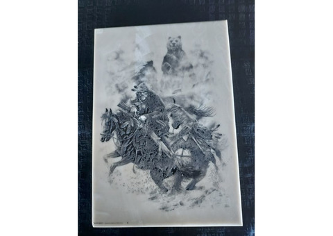 MONTANA MEMORABILIA: Bill O'Neill Etched Marble Art ORIGINAL “Trapper-Grizzly”