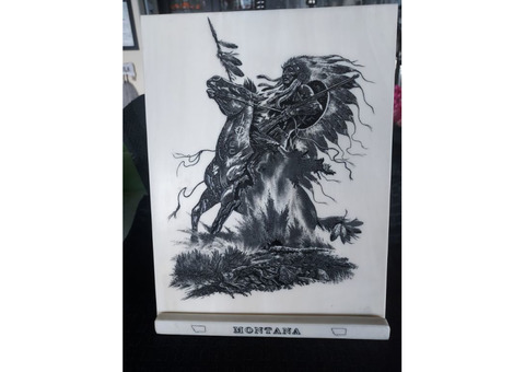 MONTANA MEMORABILIA: Bill O'Neill Etched Marble Art ORIGINAL “War Chief”