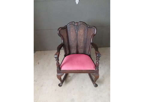 Antique Wooden Rocker with Original Intact Pressed Cane Back / Padded Seat