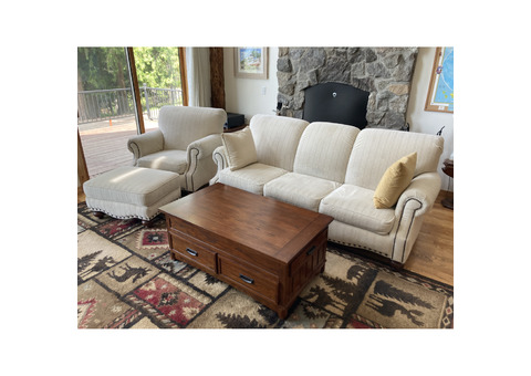 Bassett Sofa/Chair/Ottoman (also storage Coffee Table & large Area Rug)